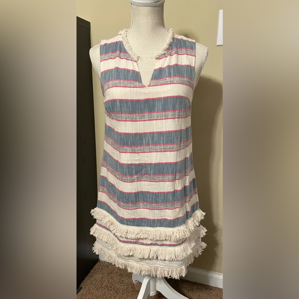 Anthropologie~HOLDING HORSES~Size 2P~FRINGE SHIFT DRESS Stripe Slit V-Neck BOHO.